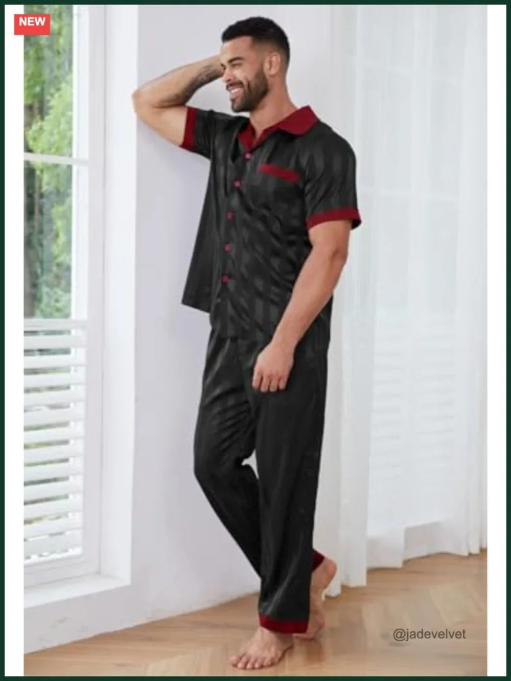 Men's Satin Pajama Set Short Sleeve Sleepwear with Long Pants